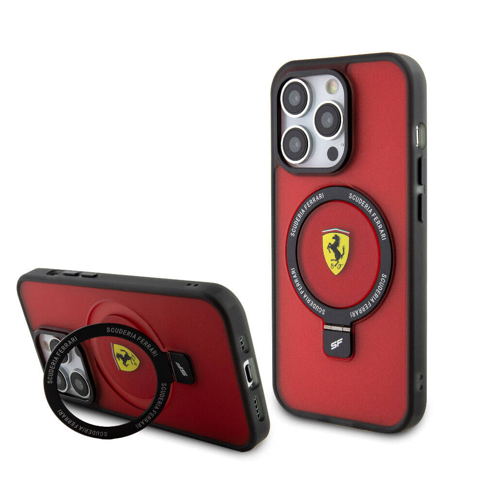 Apple iPhone 15 Pro Kılıf Ferrari M-safe Şarj Özellikli Standlı Buzlu Yüzey Dizayn Kapak