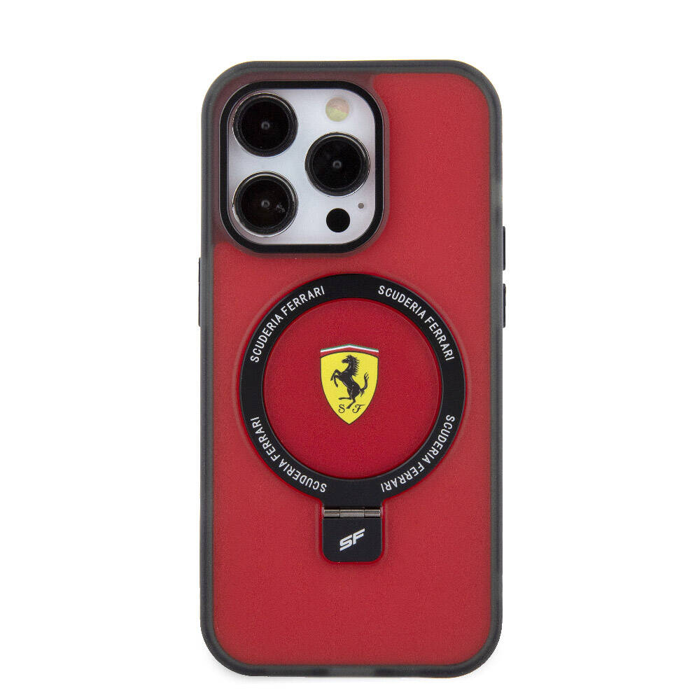 Apple iPhone 15 Pro Kılıf Ferrari M-safe Şarj Özellikli Standlı Buzlu Yüzey Dizayn Kapak