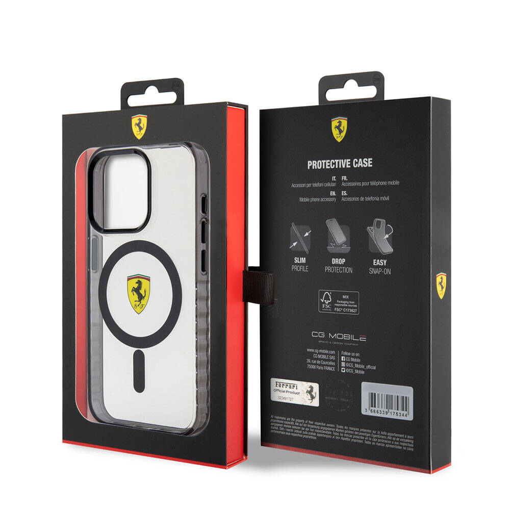 Apple iPhone 15 Pro Kılıf Ferrari Orjinal Lisanslı M-safe Şarj Özellikli Tırtıklı Kenar Tasarımlı Ortalanmış Logo Kapak