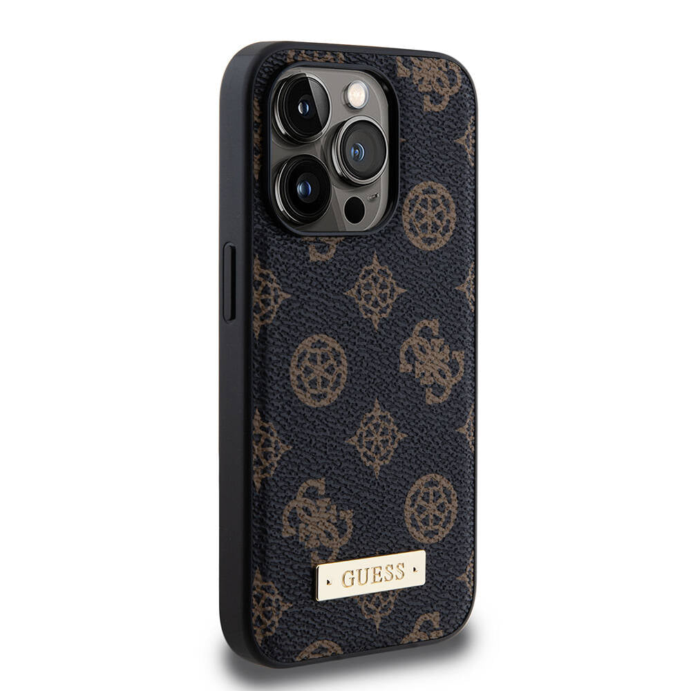 Apple iPhone 15 Pro Kılıf Guess M-safe Şarj Özellikli PU Deri Desenli Metal Plaka Logolu Kapak