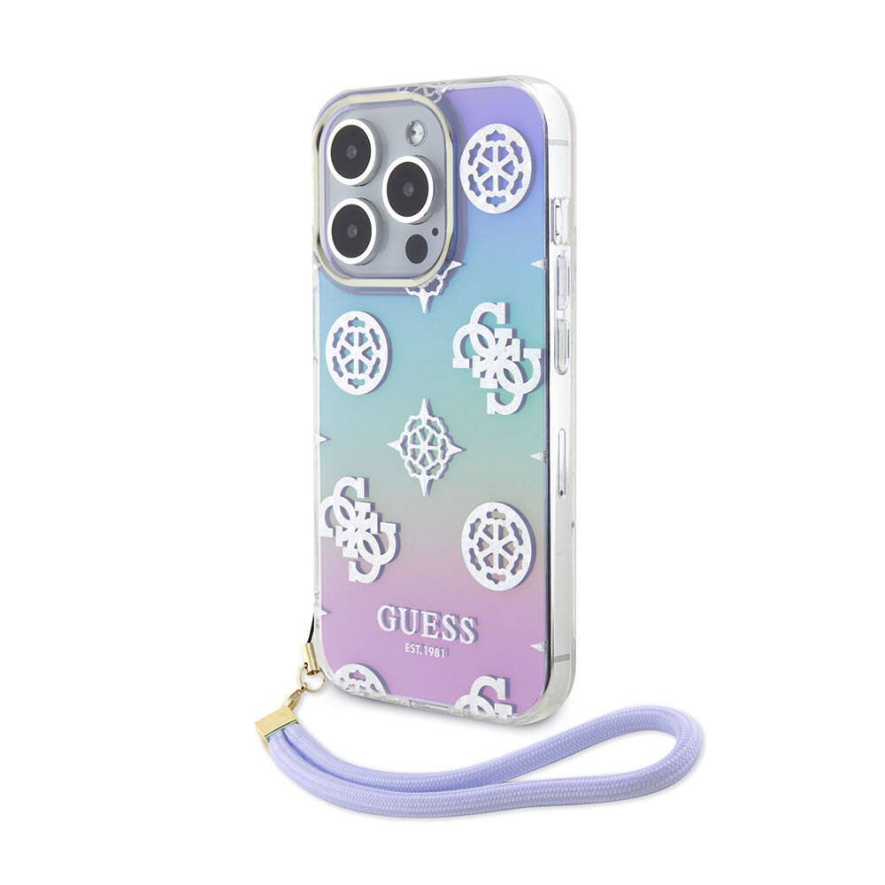 Apple iPhone 15 Pro Kılıf Guess Orjinal Lisanslı Desenli Yazı Logolu Askı İpli Holografik Glitter Peony Kapak