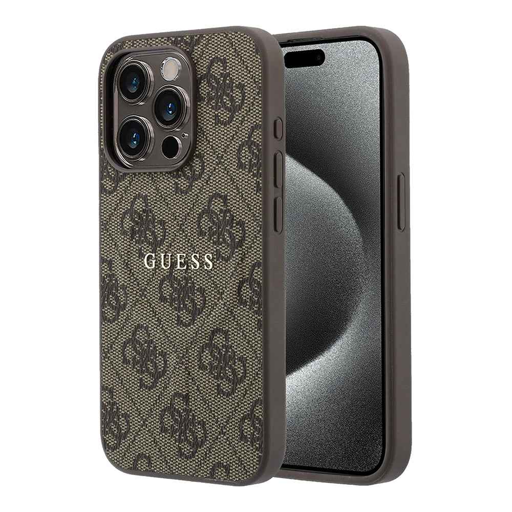 Apple iPhone 15 Pro Kılıf Guess Orjinal Lisanslı M-safe Kabartmalı 4G Desenli Yazı Logolu Kapak