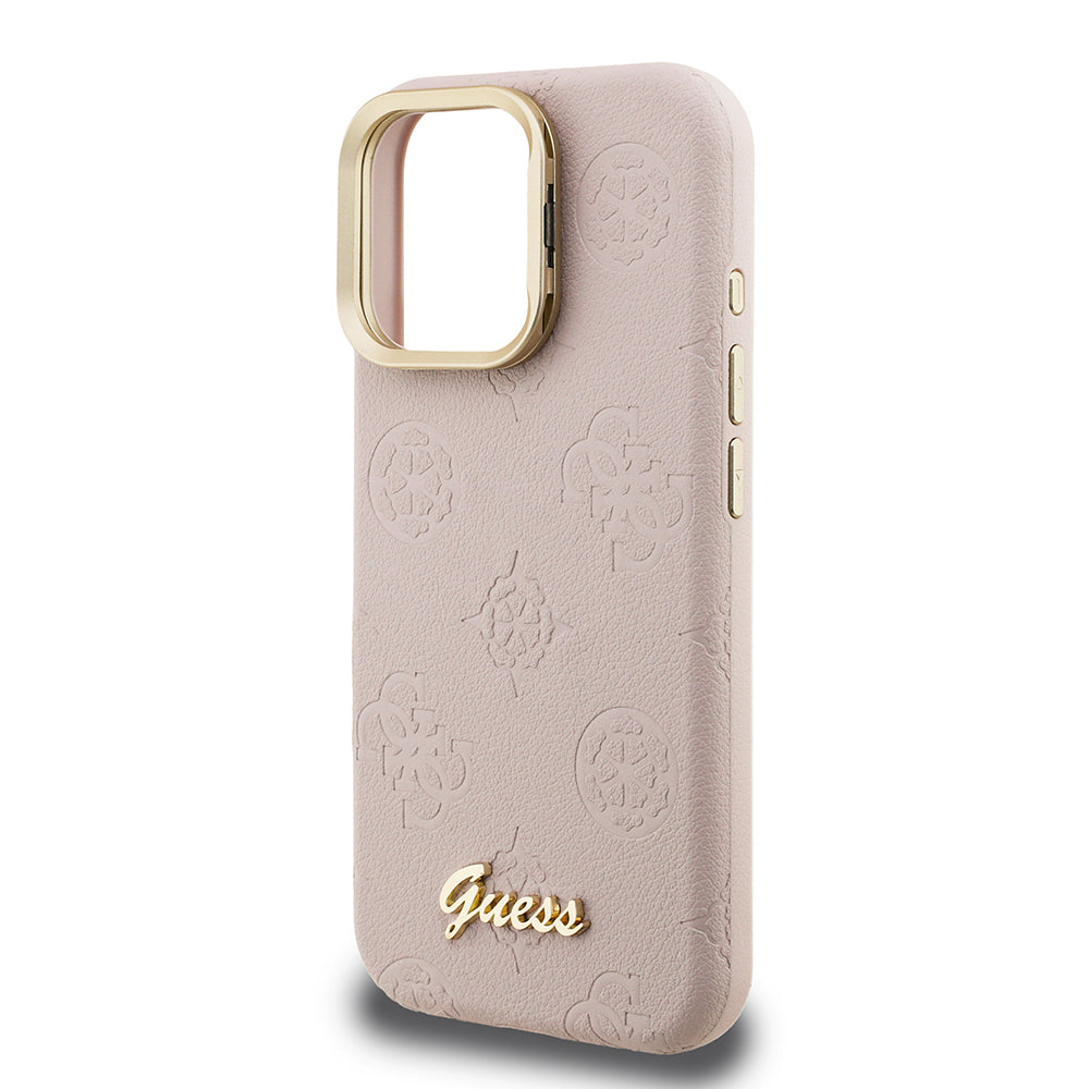 Apple iPhone 15 Pro Kılıf Guess Orjinal Lisanslı M-safe Şarj Özellikli Sıcak Baskılı Yazı Logolu Kamera Standlı PU Deri Peony Kapak