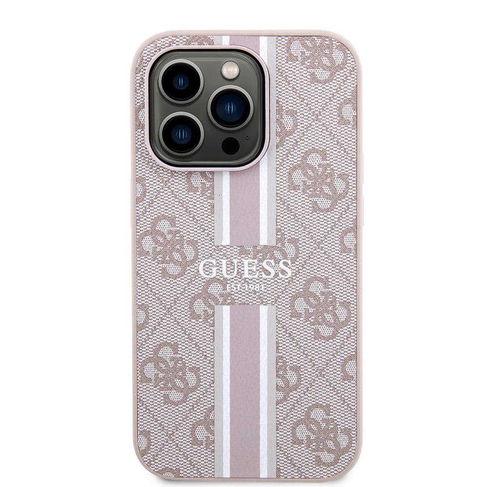 Apple iPhone 15 Pro Kılıf Guess Orjinal Lisanslı M-safe Şarj Özellikli 4G Şerit Tasarımlı Printed Kapak