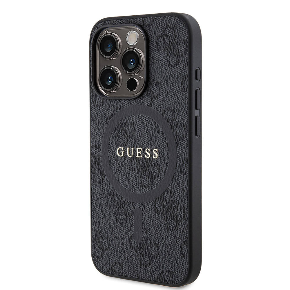 Apple iPhone 15 Pro Kılıf Guess Orjinal Lisanslı M-safe Şarj Özellikli PU Halkalı 4G Desenli Yazı Logolu Kapak