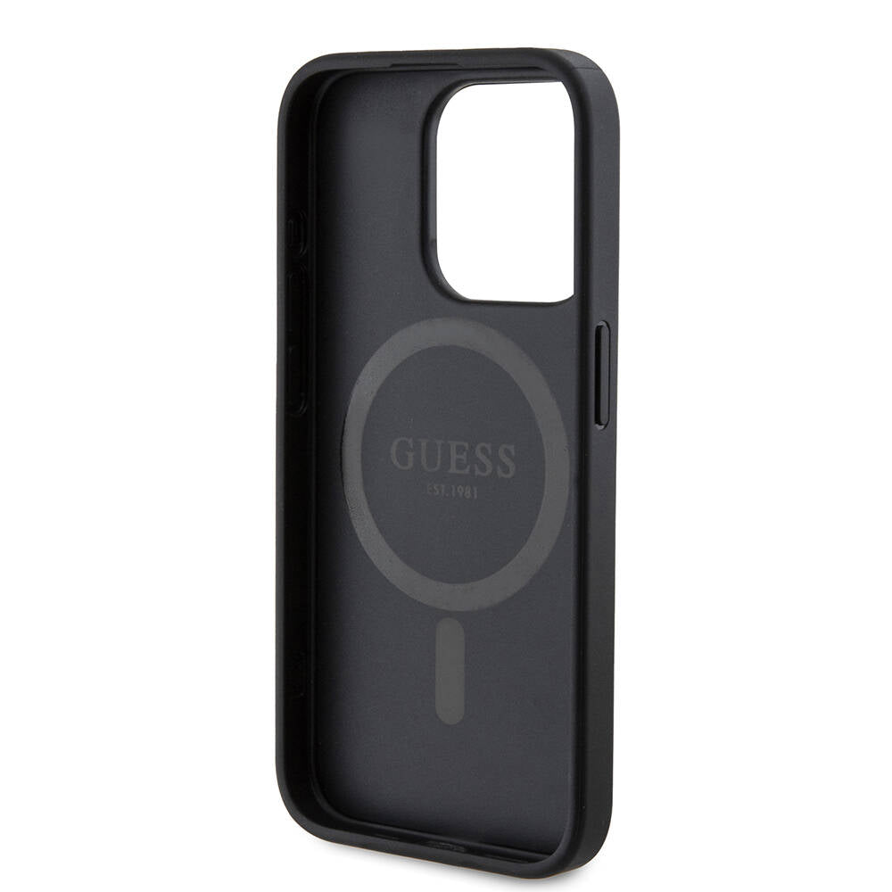 Apple iPhone 15 Pro Kılıf Guess Orjinal Lisanslı M-safe Şarj Özellikli PU Halkalı 4G Desenli Yazı Logolu Kapak