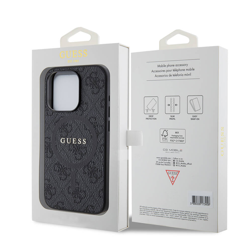 Apple iPhone 15 Pro Kılıf Guess Orjinal Lisanslı M-safe Şarj Özellikli PU Halkalı 4G Desenli Yazı Logolu Kapak