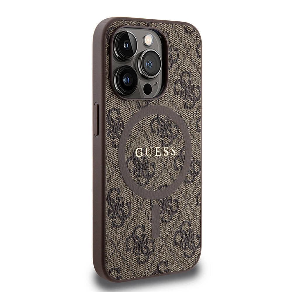 Apple iPhone 15 Pro Kılıf Guess Orjinal Lisanslı M-safe Şarj Özellikli PU Halkalı 4G Desenli Yazı Logolu Kapak