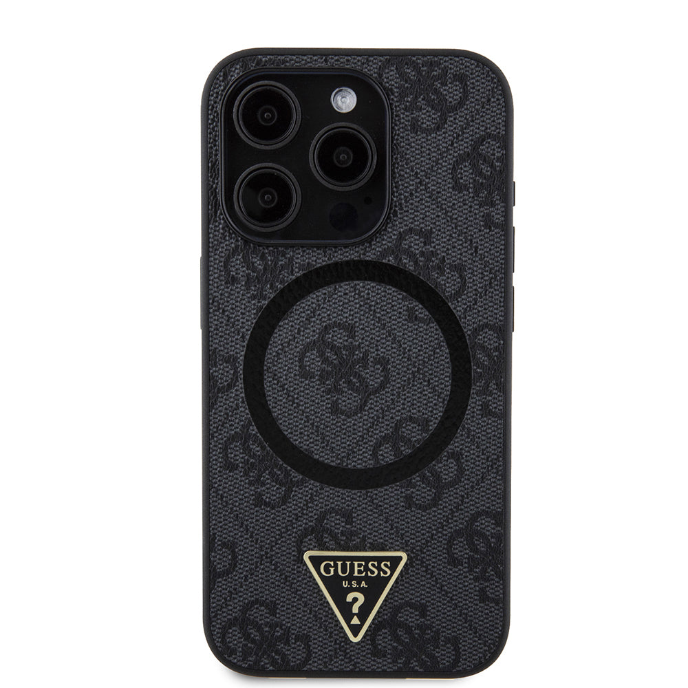 Apple iPhone 15 Pro Kılıf Guess Orjinal Lisanslı M-safe Şarj Özellikli PU Üçgen Logo 4G Desenli Kapak