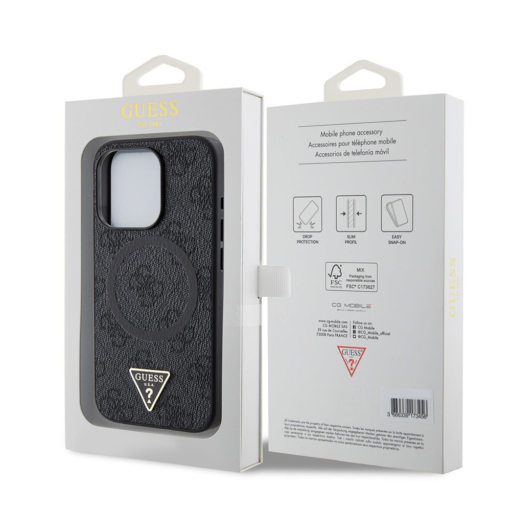 Apple iPhone 15 Pro Kılıf Guess Orjinal Lisanslı M-safe Şarj Özellikli PU Üçgen Logo 4G Desenli Kapak