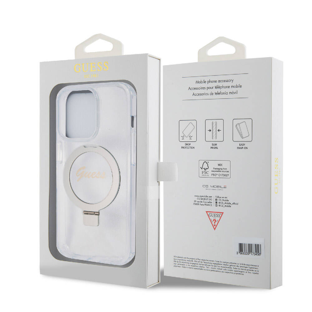 Apple iPhone 15 Pro Kılıf Guess Orjinal Lisanslı M-safe Şarj Özellikli Simli Arka Yüzey Ring Standlı Kapak