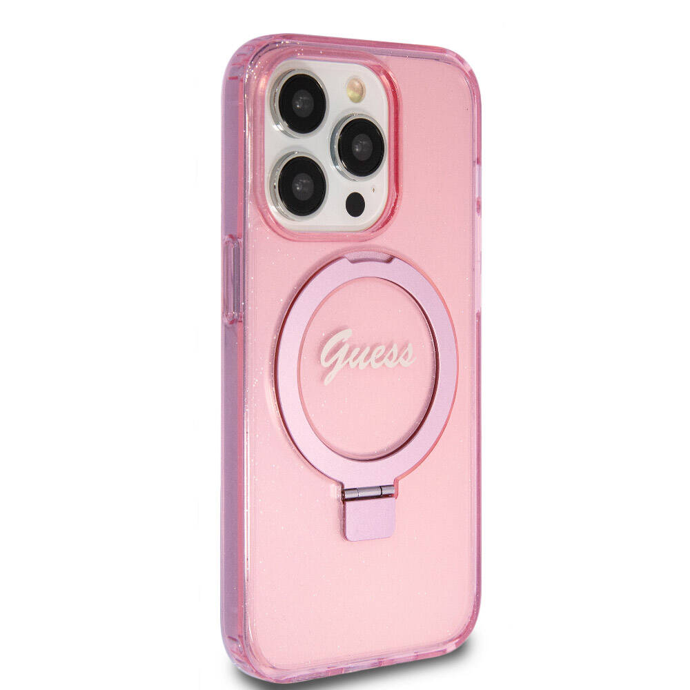 Apple iPhone 15 Pro Kılıf Guess Orjinal Lisanslı M-safe Şarj Özellikli Simli Arka Yüzey Ring Standlı Kapak
