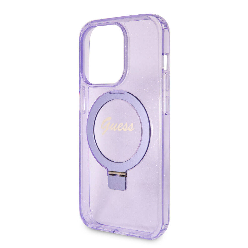 Apple iPhone 15 Pro Kılıf Guess Orjinal Lisanslı M-safe Şarj Özellikli Simli Arka Yüzey Ring Standlı Kapak