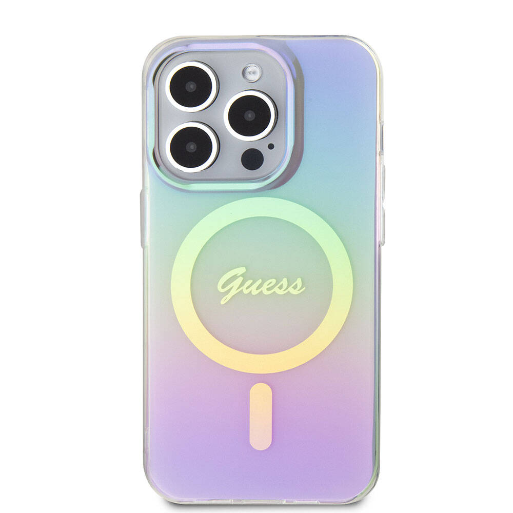 Apple iPhone 15 Pro Kılıf Guess Orjinal Lisanslı M-safe Şarj Özellikli Yazı Logolu Iridescent Kapak