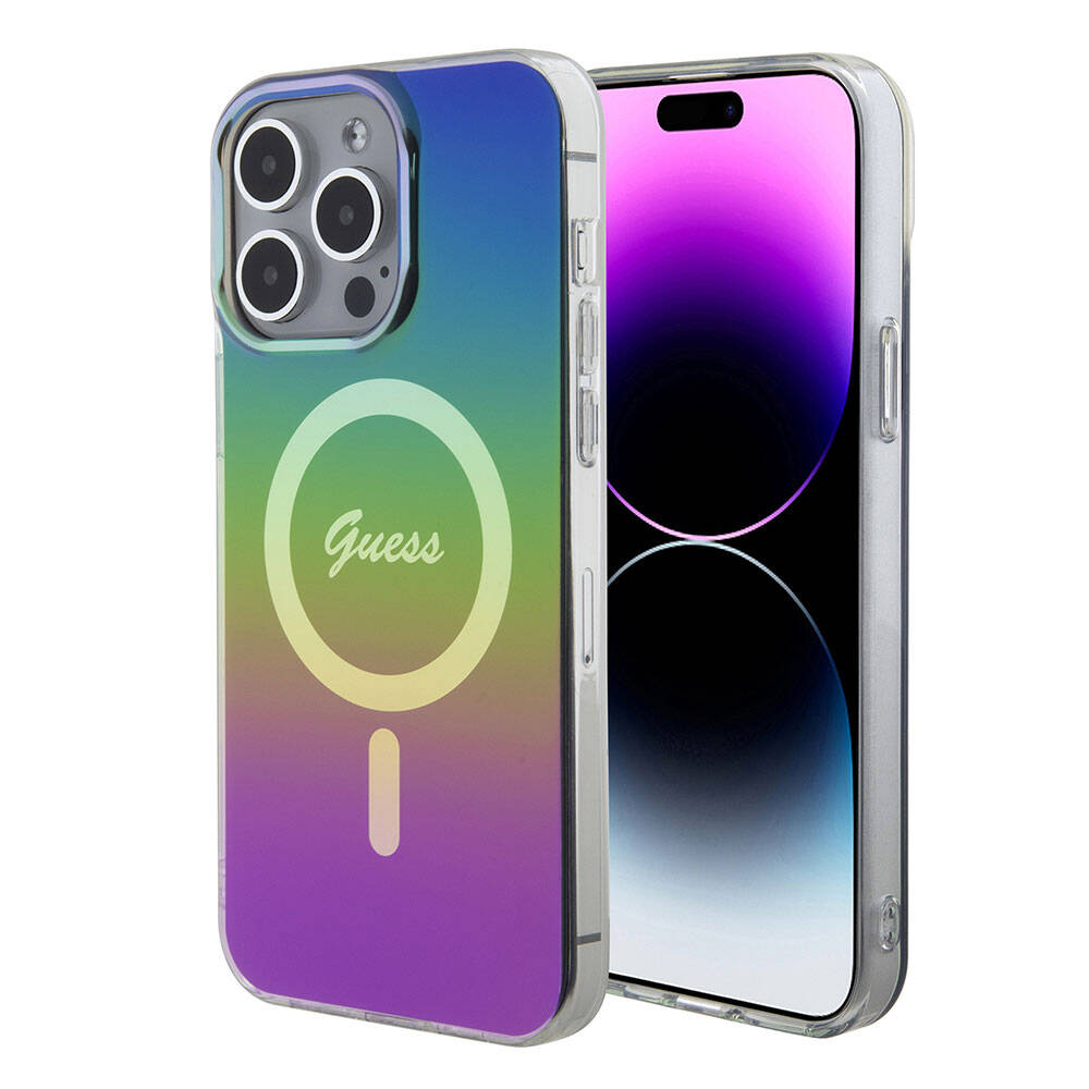 Apple iPhone 15 Pro Kılıf Guess Orjinal Lisanslı M-safe Şarj Özellikli Yazı Logolu Iridescent Kapak