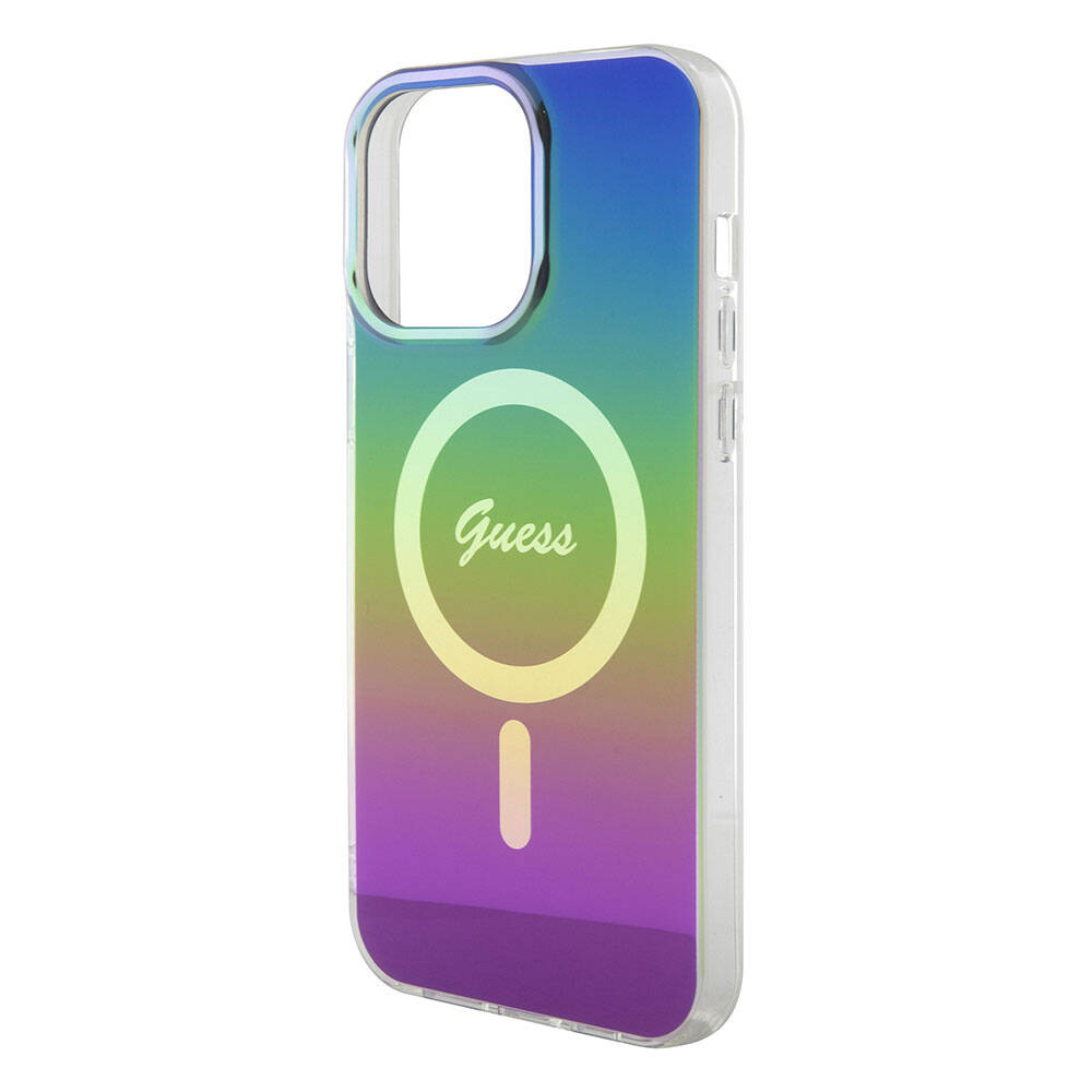 Apple iPhone 15 Pro Kılıf Guess Orjinal Lisanslı M-safe Şarj Özellikli Yazı Logolu Iridescent Kapak