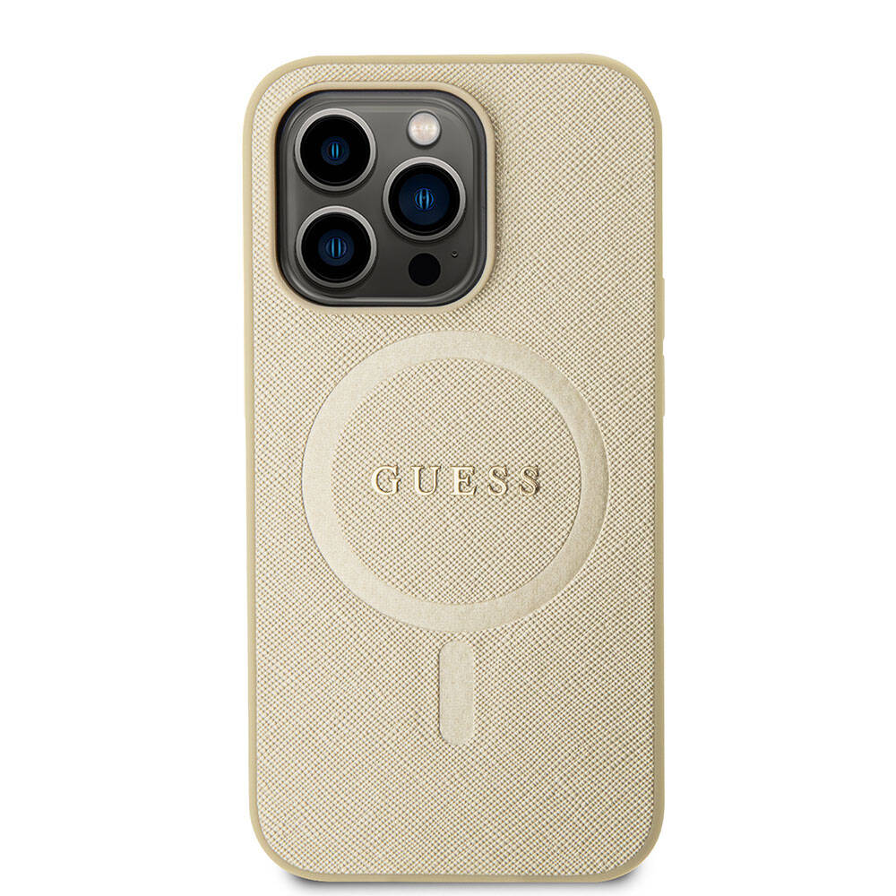 Apple iPhone 15 Pro Kılıf Guess Orjinal Lisanslı M-safe Şarj Özellikli Yazı Logolu Saffiano Kapak