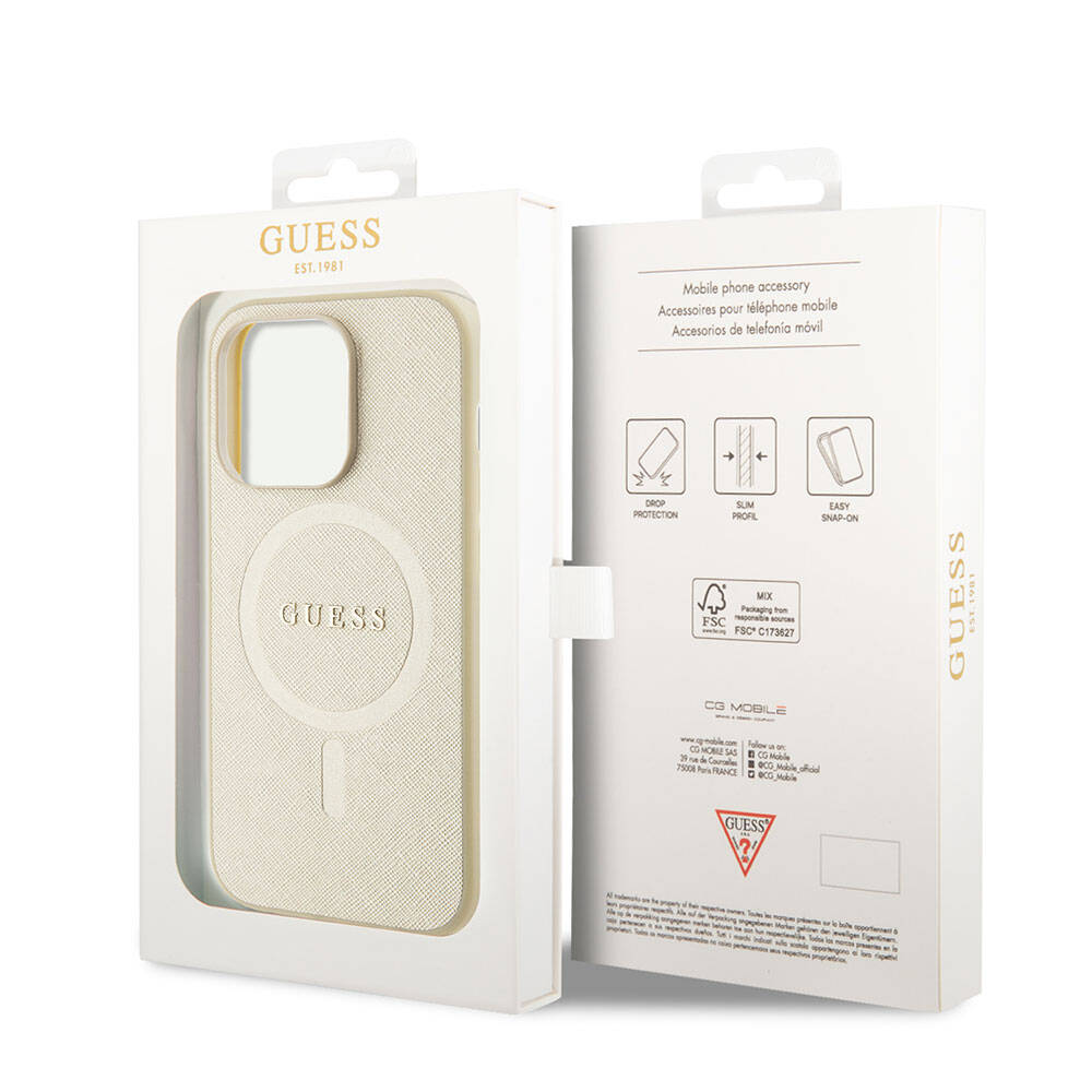 Apple iPhone 15 Pro Kılıf Guess Orjinal Lisanslı M-safe Şarj Özellikli Yazı Logolu Saffiano Kapak
