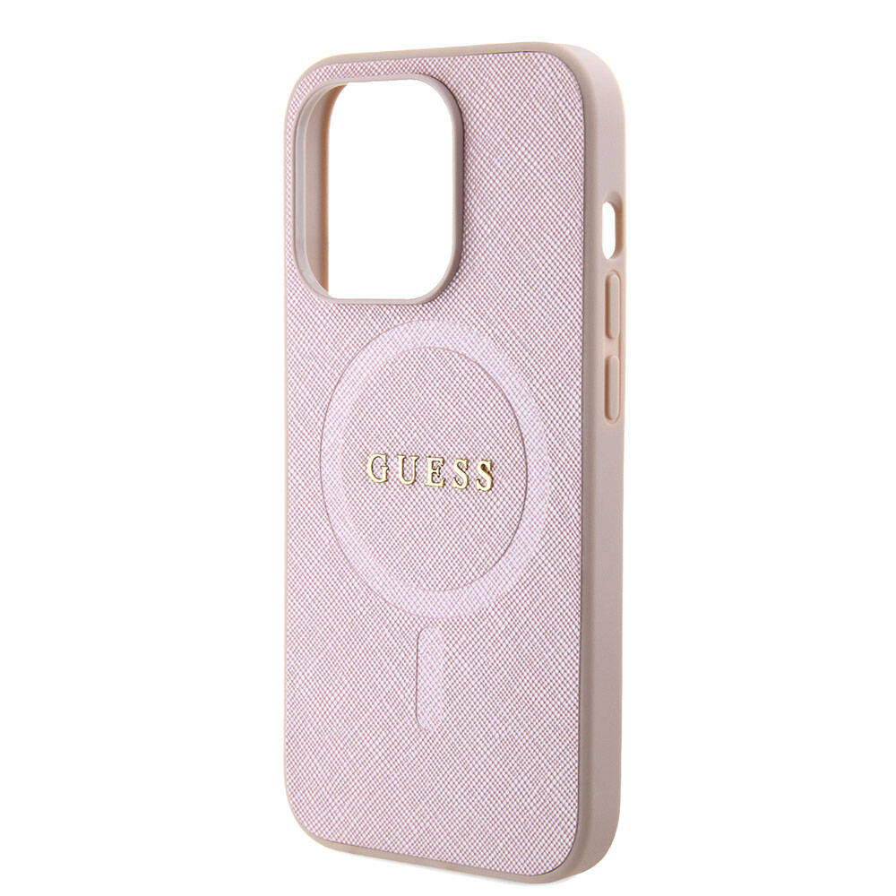 Apple iPhone 15 Pro Kılıf Guess Orjinal Lisanslı M-safe Şarj Özellikli Yazı Logolu Saffiano Kapak
