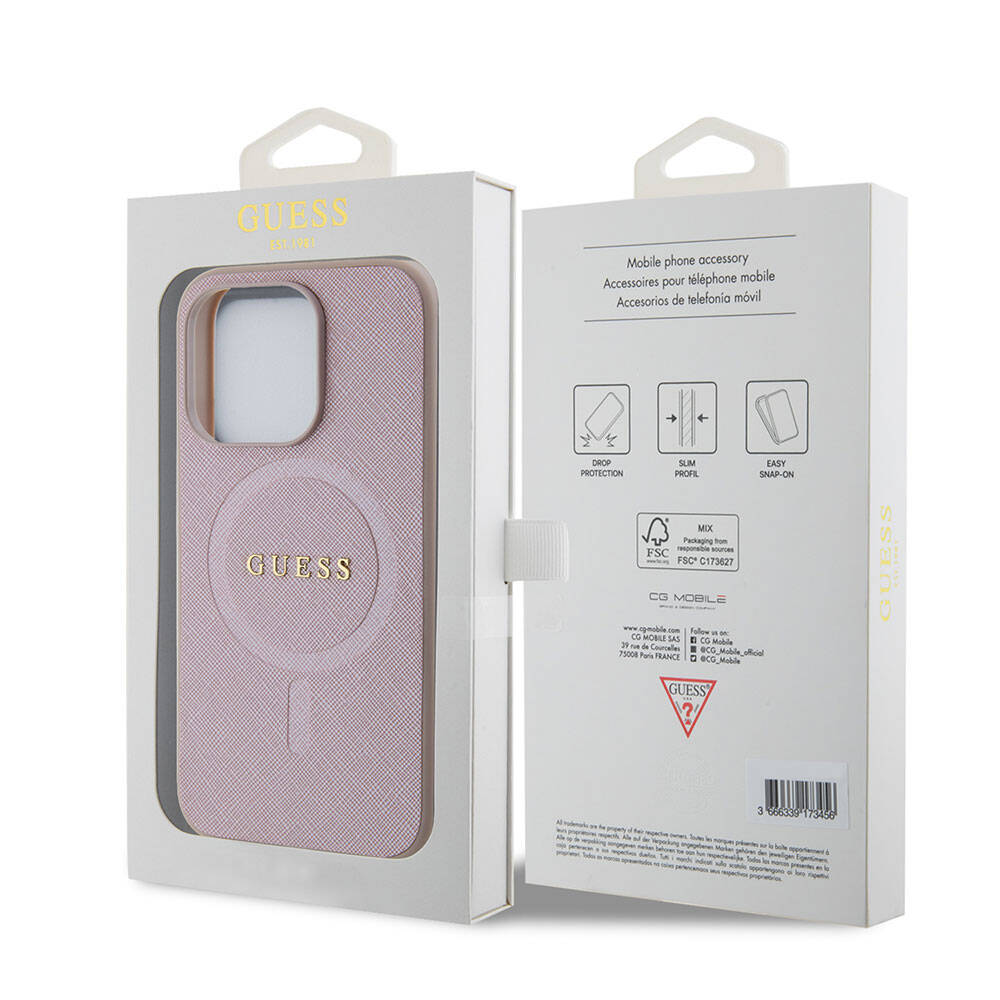 Apple iPhone 15 Pro Kılıf Guess Orjinal Lisanslı M-safe Şarj Özellikli Yazı Logolu Saffiano Kapak