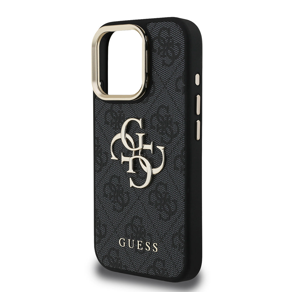 Apple iPhone 15 Pro Kılıf Guess Orjinal Lisanslı PU Deri 4G Desenli Metal Büyük 4G ve Yazı Logolu Kamera Standlı Kapak