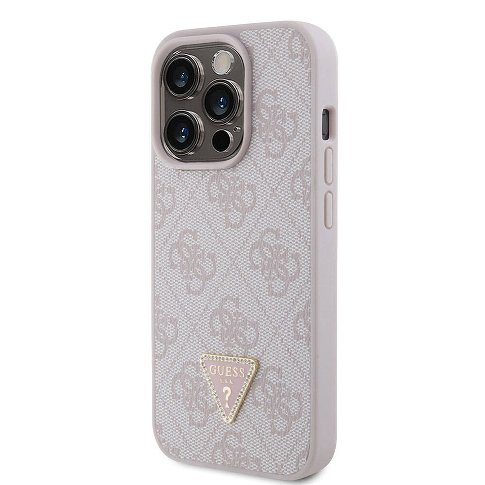 Apple iPhone 15 Pro Kılıf Guess Orjinal Lisanslı PU Deri Taşlı Üçgen Logo 4G Desenli Strass Kapak