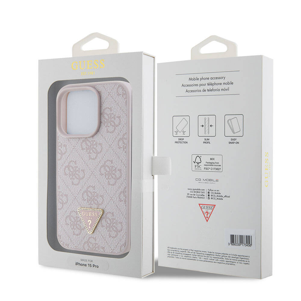 Apple iPhone 15 Pro Kılıf Guess Orjinal Lisanslı PU Deri Taşlı Üçgen Logo 4G Desenli Strass Kapak