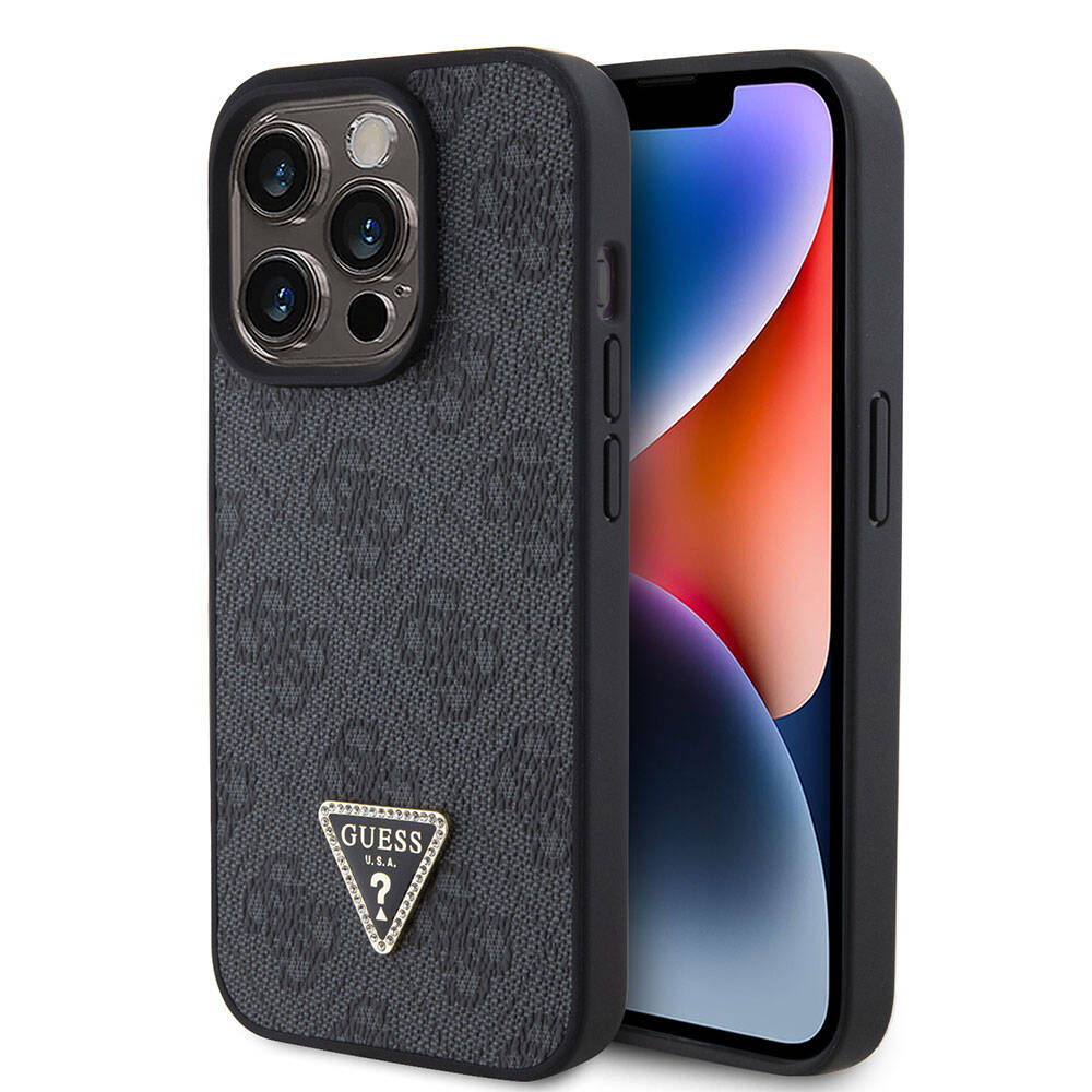 Apple iPhone 15 Pro Kılıf Guess Orjinal Lisanslı PU Deri Taşlı Üçgen Logo 4G Desenli Strass Kapak