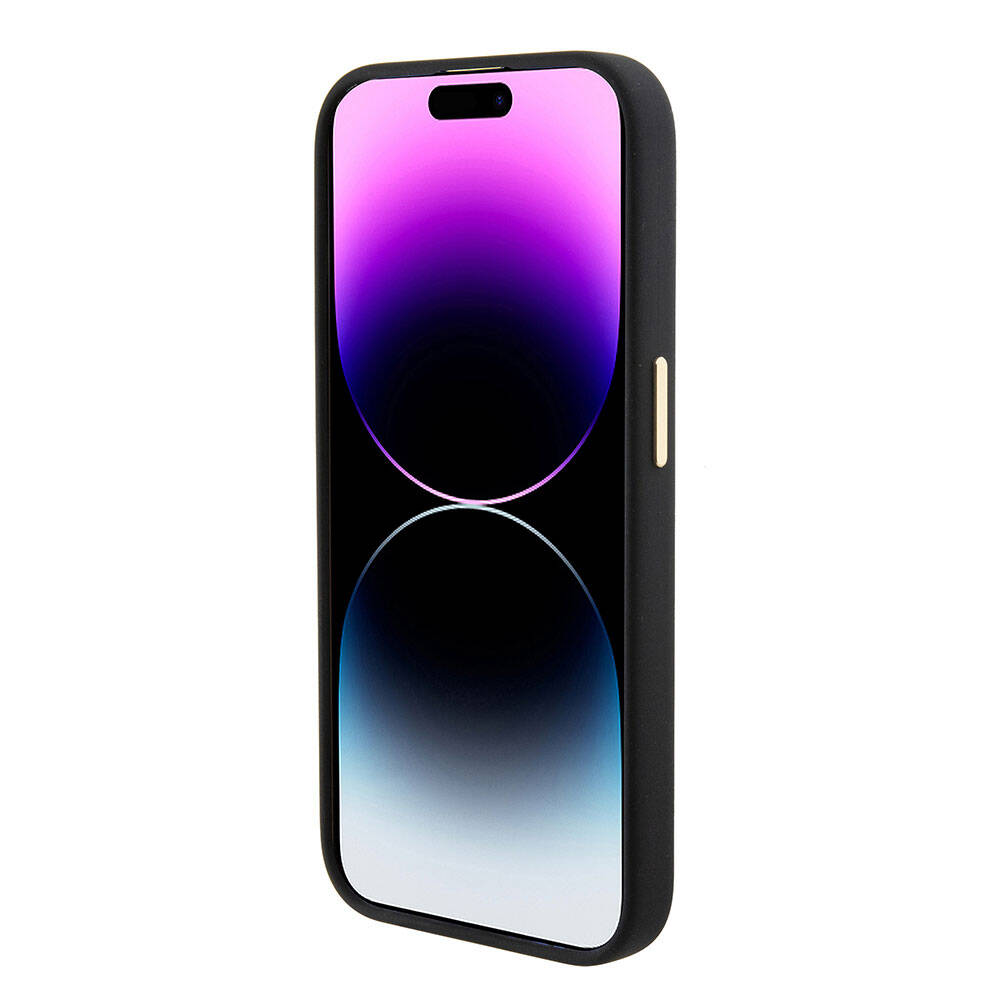 Apple iPhone 15 Pro Kılıf Guess Orjinal Lisanslı Yazı ve Taşlı 4G Logolu Metal Kamera Çerçeveli Silikon Kapak
