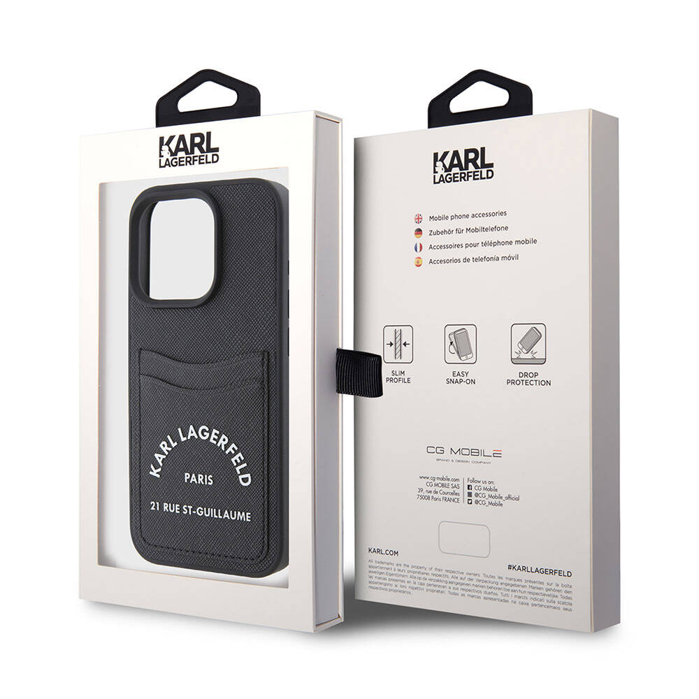 Apple iPhone 15 Pro Kılıf Karl Lagerfeld Kartlıklı Saffiano 3D RSG Logo Orjinal Lisanslı Kapak