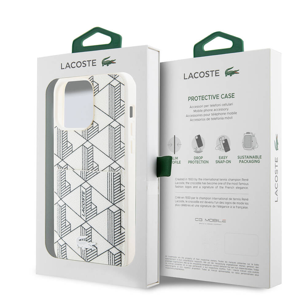 Apple iPhone 15 Pro Kılıf Lacoste Orjinal Lisanslı M-safe Şarj Özellikli PU Deri Görünümlü Kartlıklı Karışık Monogram Desenli Kapak