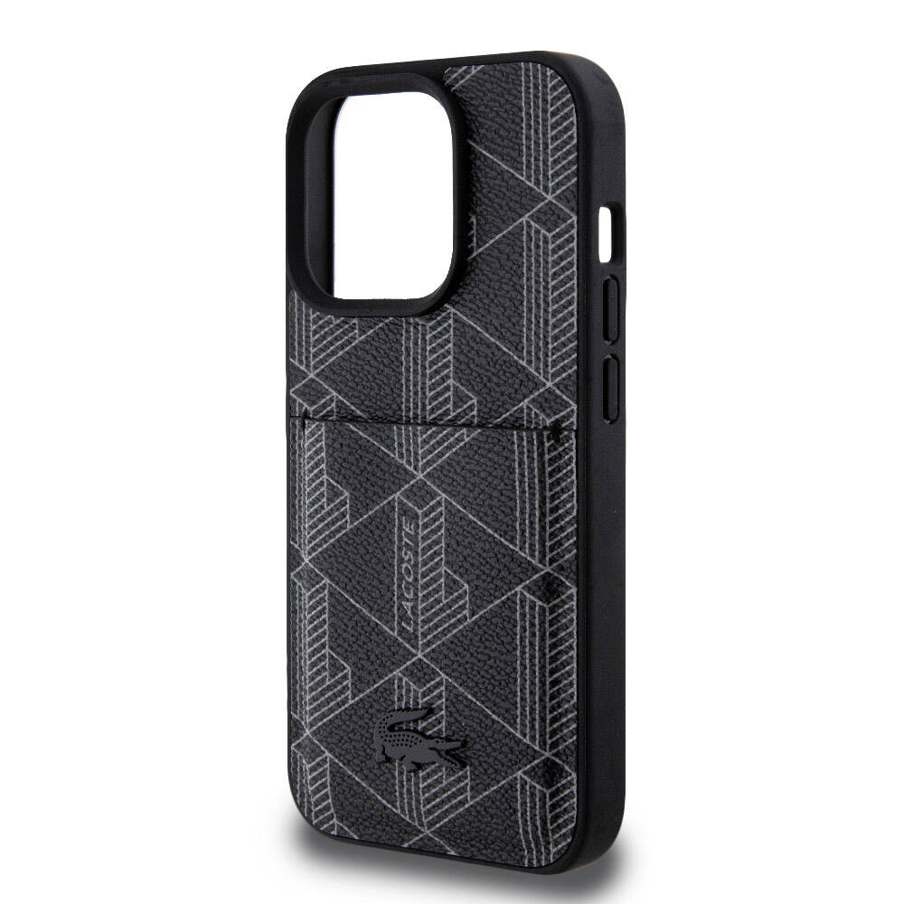 Apple iPhone 15 Pro Kılıf Lacoste Orjinal Lisanslı M-safe Şarj Özellikli PU Deri Görünümlü Kartlıklı Karışık Monogram Desenli Kapak