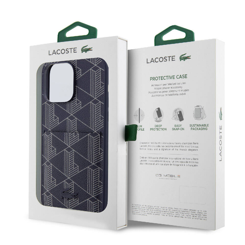Apple iPhone 15 Pro Kılıf Lacoste Orjinal Lisanslı M-safe Şarj Özellikli PU Deri Görünümlü Kartlıklı Karışık Monogram Desenli Kapak