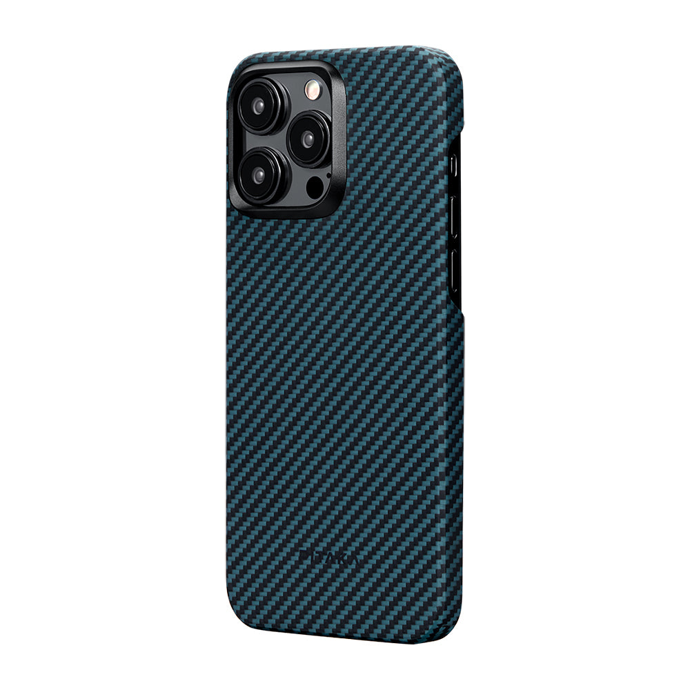 Apple iPhone 15 Pro Kılıf M-safe Şarj Özellikli 1500D Aramid Fiber Pitaka Ultra-Slim Classic Serisi Black-Blue Twill Kapak