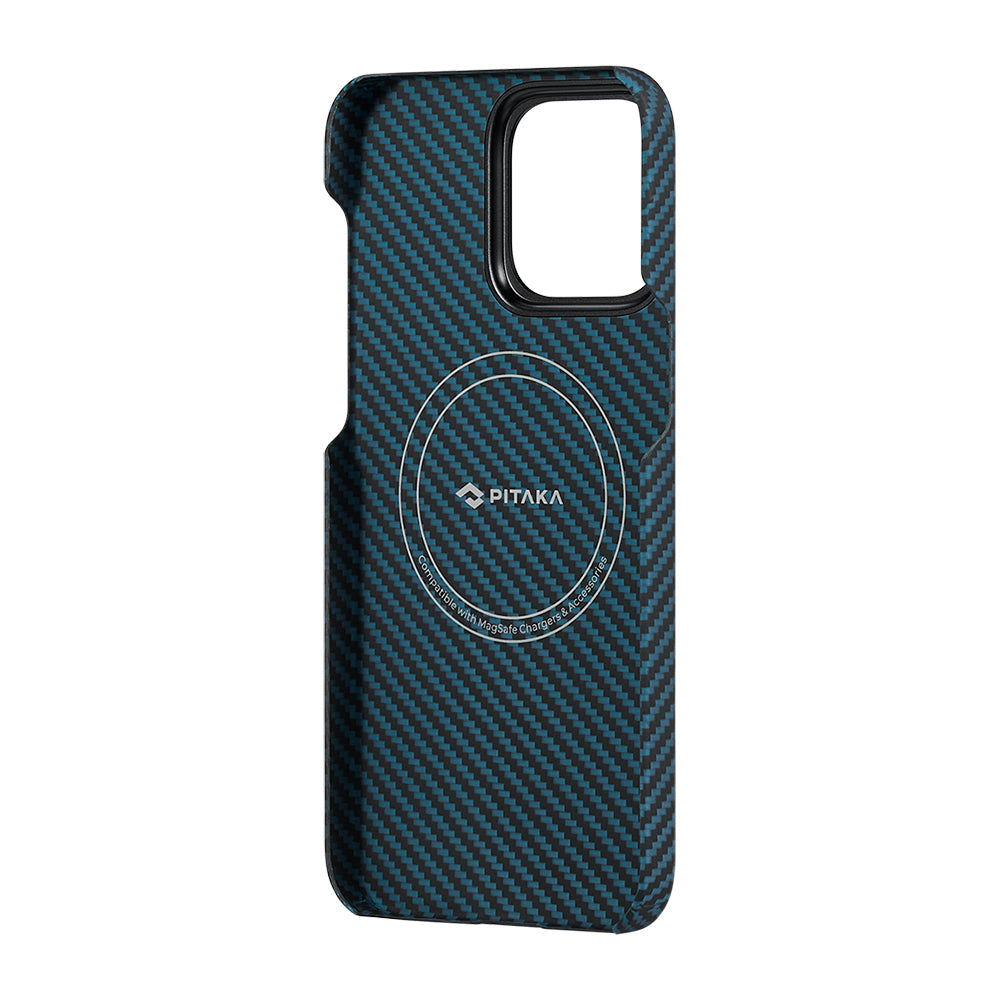 Apple iPhone 15 Pro Kılıf M-safe Şarj Özellikli 1500D Aramid Fiber Pitaka Ultra-Slim Classic Serisi Black-Blue Twill Kapak