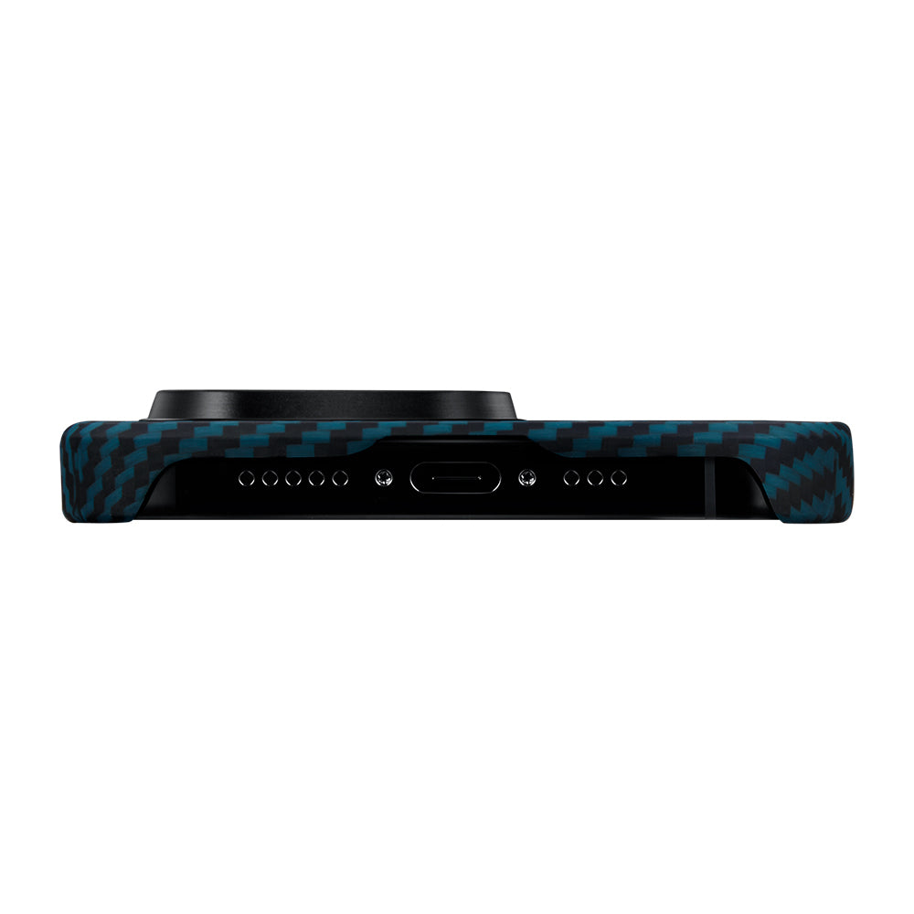 Apple iPhone 15 Pro Kılıf M-safe Şarj Özellikli 1500D Aramid Fiber Pitaka Ultra-Slim Classic Serisi Black-Blue Twill Kapak