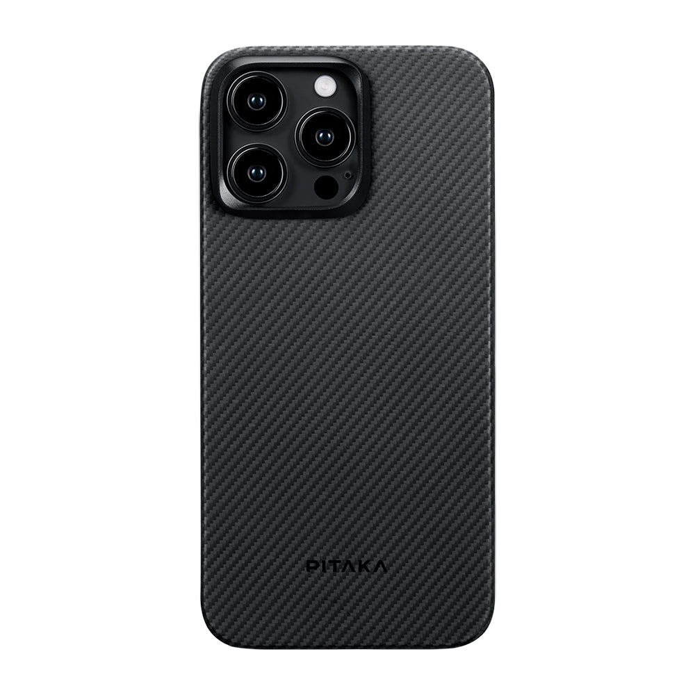 Apple iPhone 15 Pro Kılıf M-safe Şarj Özellikli 600D Aramid Fiber Pitaka Ultra-Slim Classic Serisi Black-Grey Twill Kapak