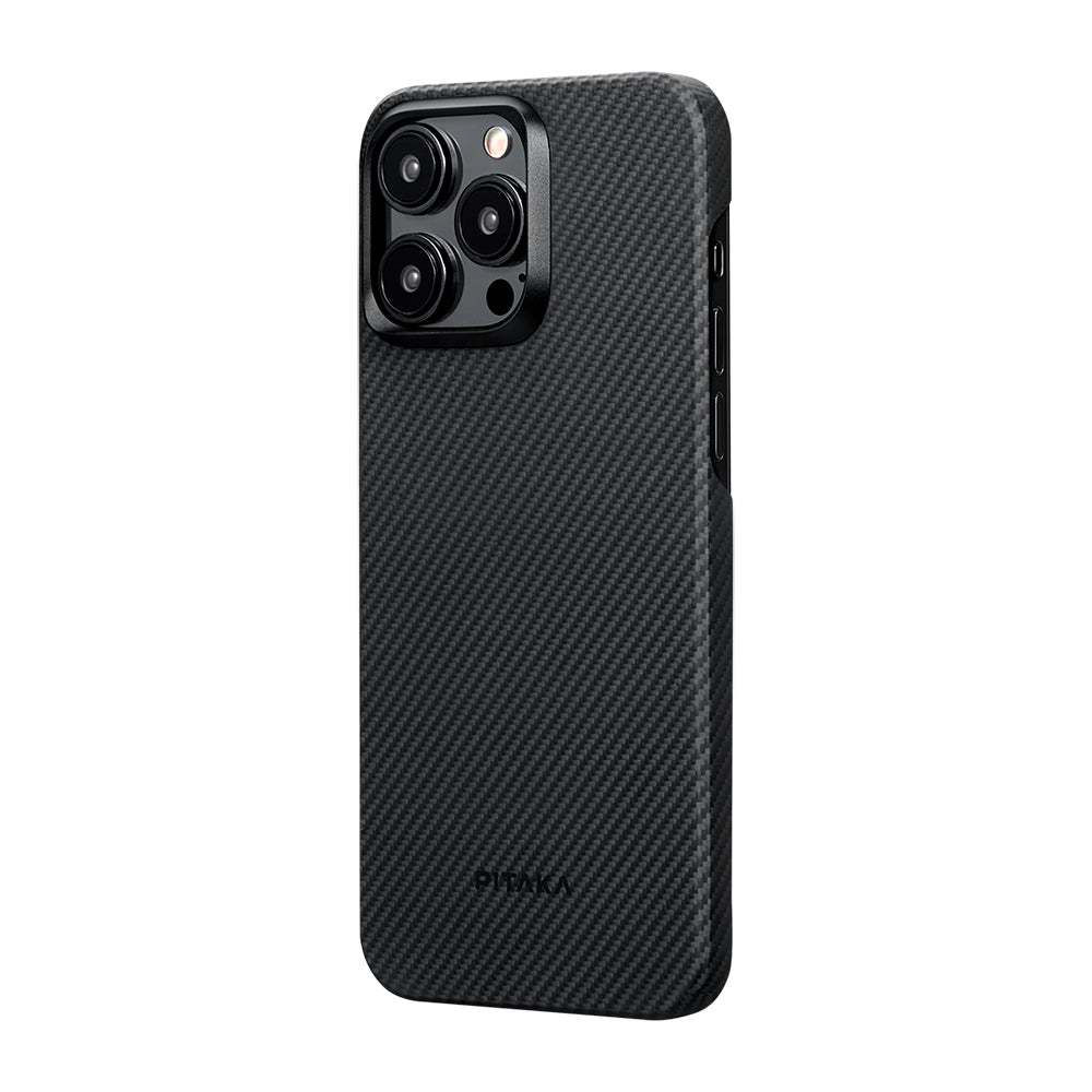 Apple iPhone 15 Pro Kılıf M-safe Şarj Özellikli 600D Aramid Fiber Pitaka Ultra-Slim Classic Serisi Black-Grey Twill Kapak