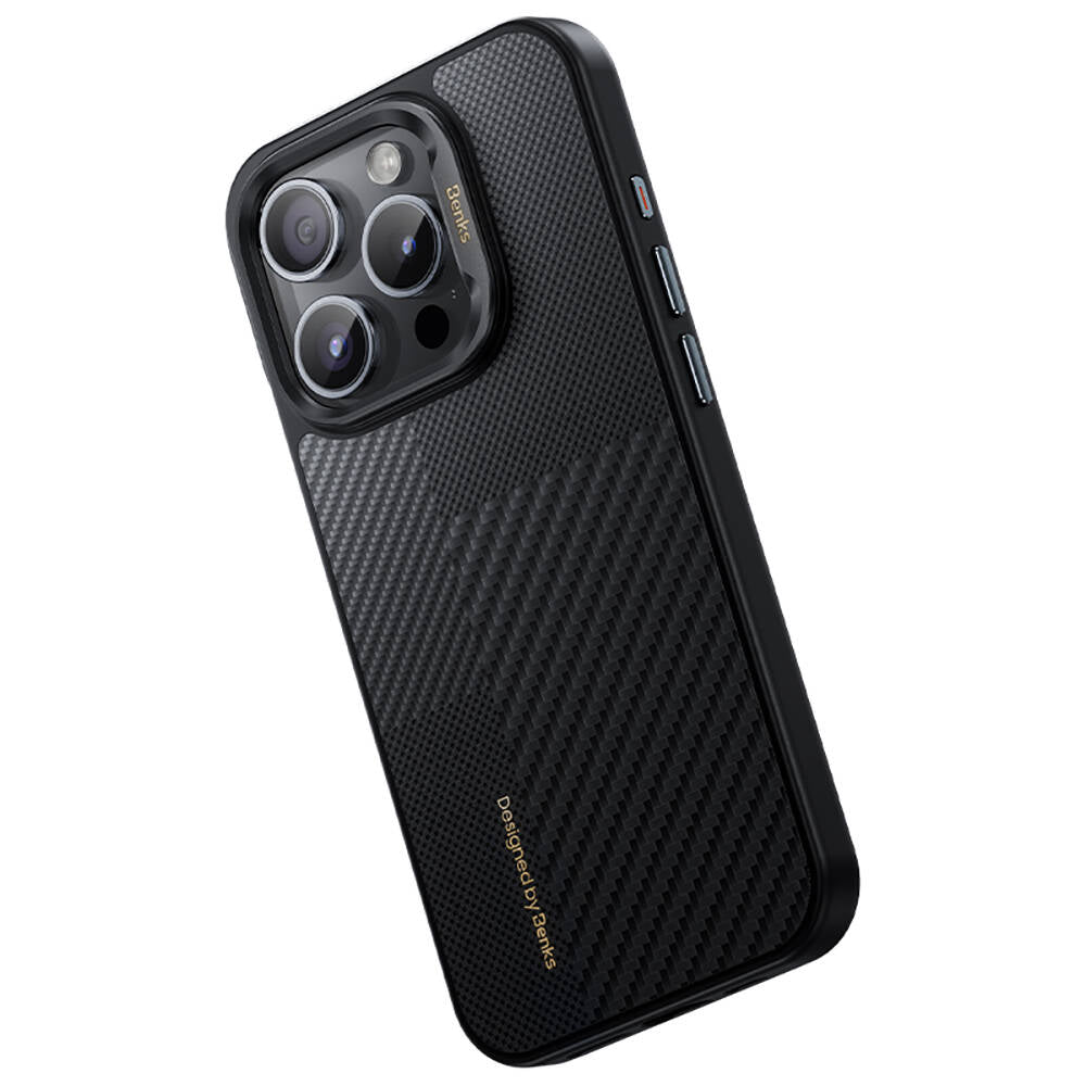 Apple iPhone 15 Pro Kılıf M-safe Şarj Özellikli Karbon Fiber Benks Montage Hybrid ArmorPro Kevlar Kapak