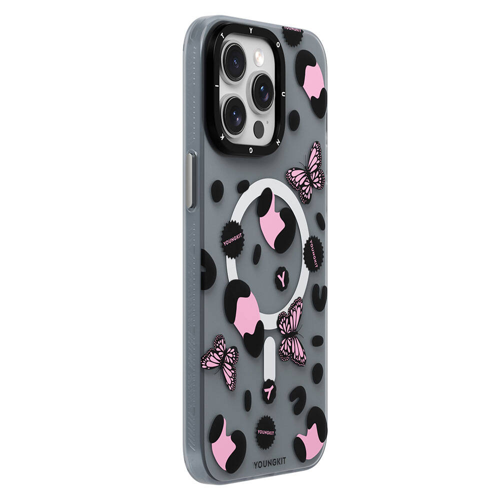 Apple iPhone 15 Pro Kılıf M-safe Şarj Özellikli Kelebek Desenli Youngkit Shadow Dance Serisi Kapak