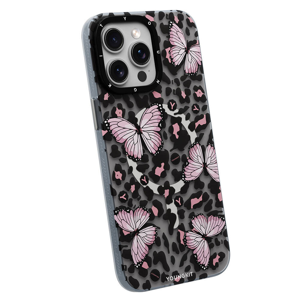 Apple iPhone 15 Pro Kılıf M-safe Şarj Özellikli Kelebek Desenli Youngkit Shadow Dance Serisi Kapak
