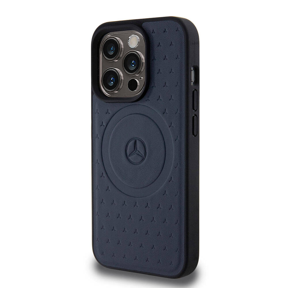 Apple iPhone 15 Pro Kılıf Mercedes Benz Orjinal Lisanslı M-safe Şarj Özellikli Mühürlü Yıldız Desenli ve Logolu Deri Kapak