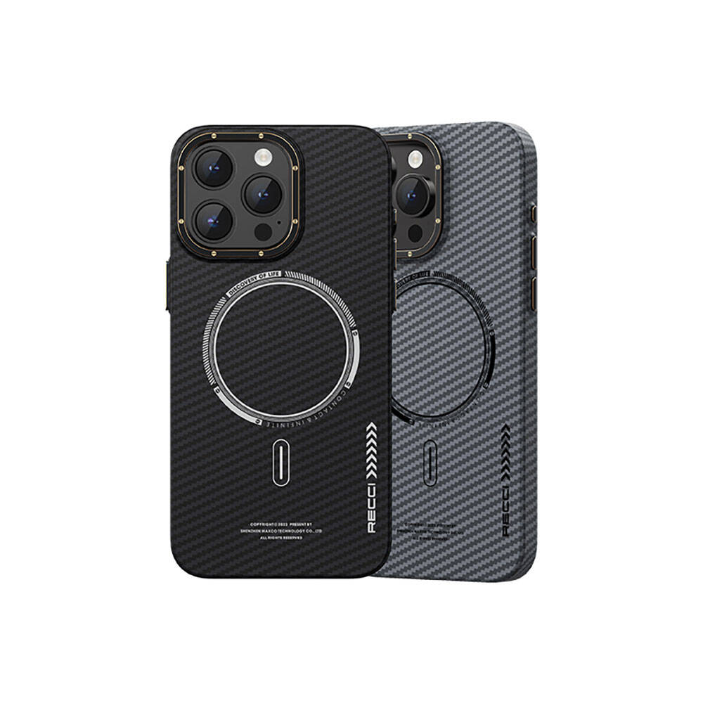 Apple iPhone 15 Pro Kılıf Recci Machinist Serisi M-safe Şarj Özellikli Magnetik Karbon Kapak
