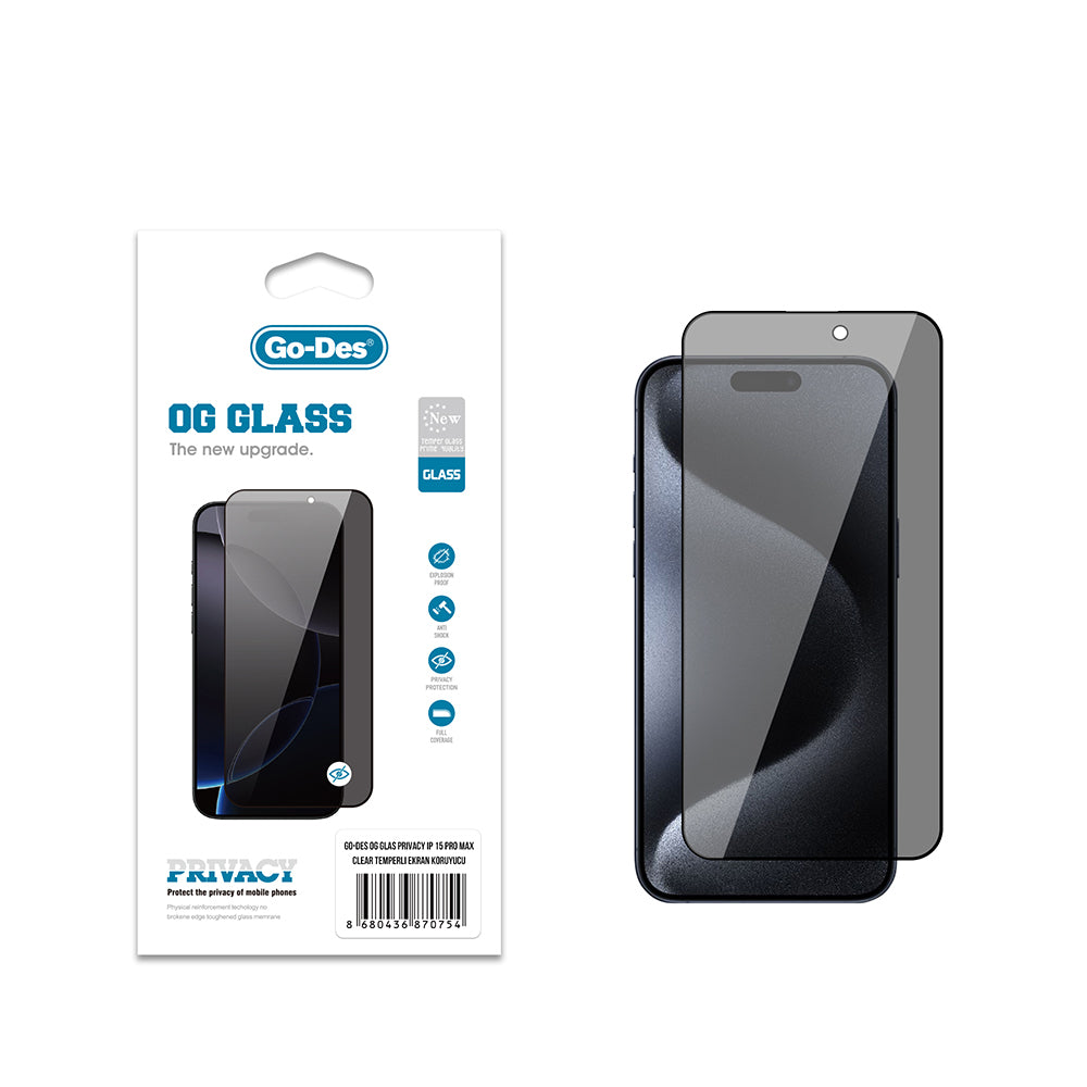 Apple iPhone 15 Pro Max Go Des OG Glass Privacy Antistatik Temperli Cam Ekran Koruyucu