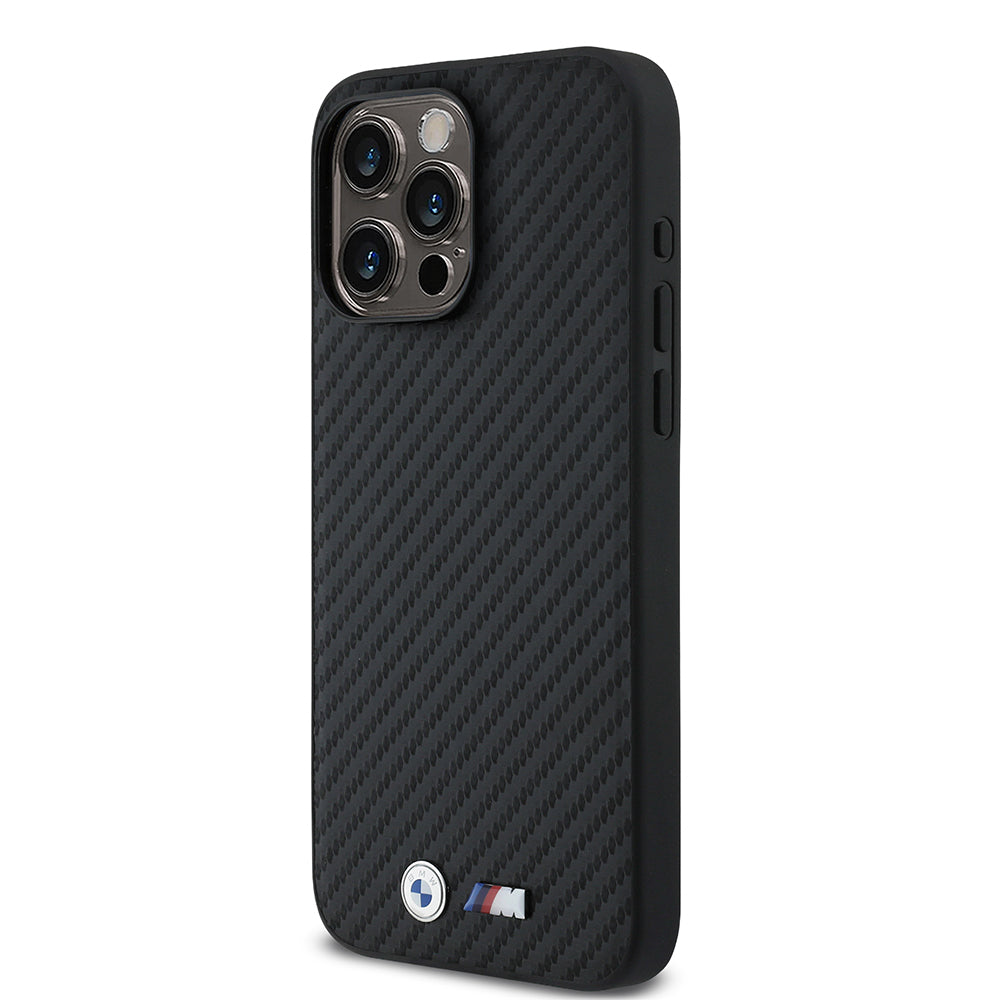 Apple iPhone 15 Pro Max Kılıf BMW Orjinal Lisanslı Karbon Fiber Tasarımlı ve Metal Logolu PU Deri Kapak