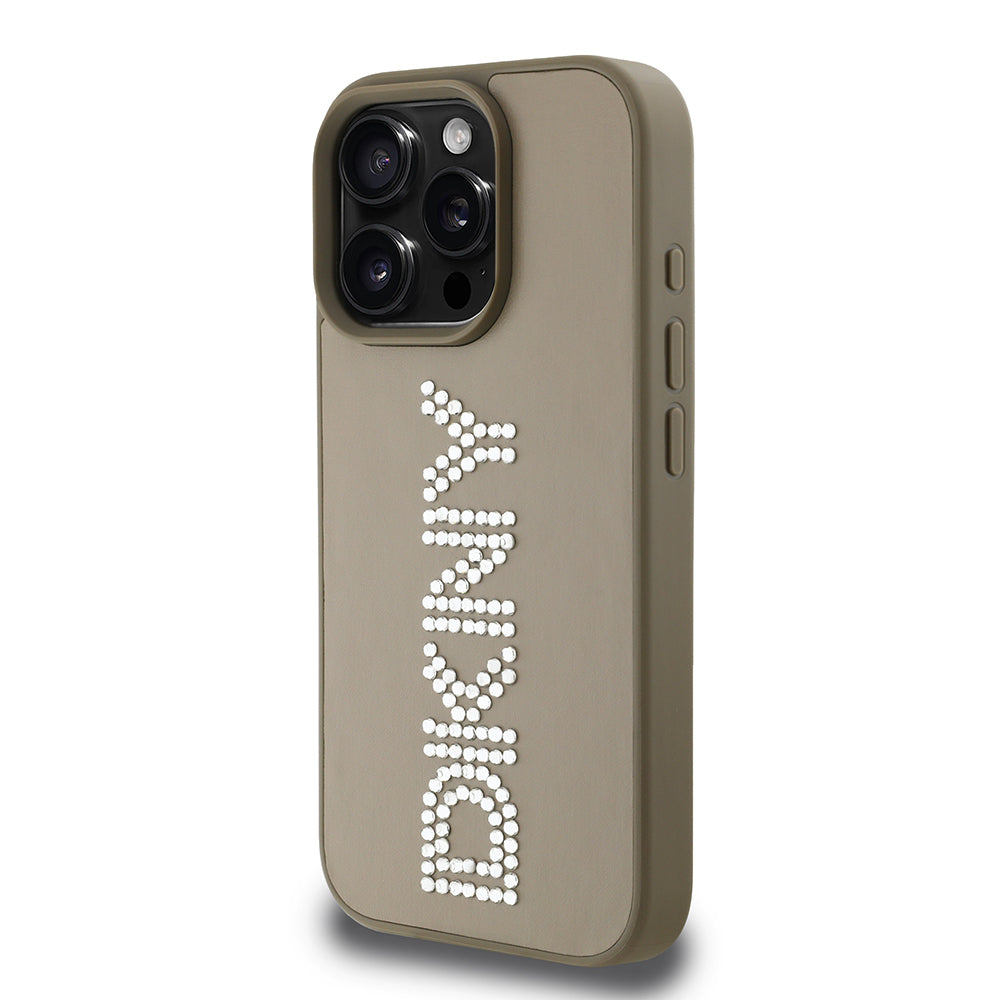 Apple iPhone 15 Pro Max Kılıf DKNY Orjinal Lisanslı Taşlı DKNY Yazılı Metalik Rhinestones PU Deri Kapak