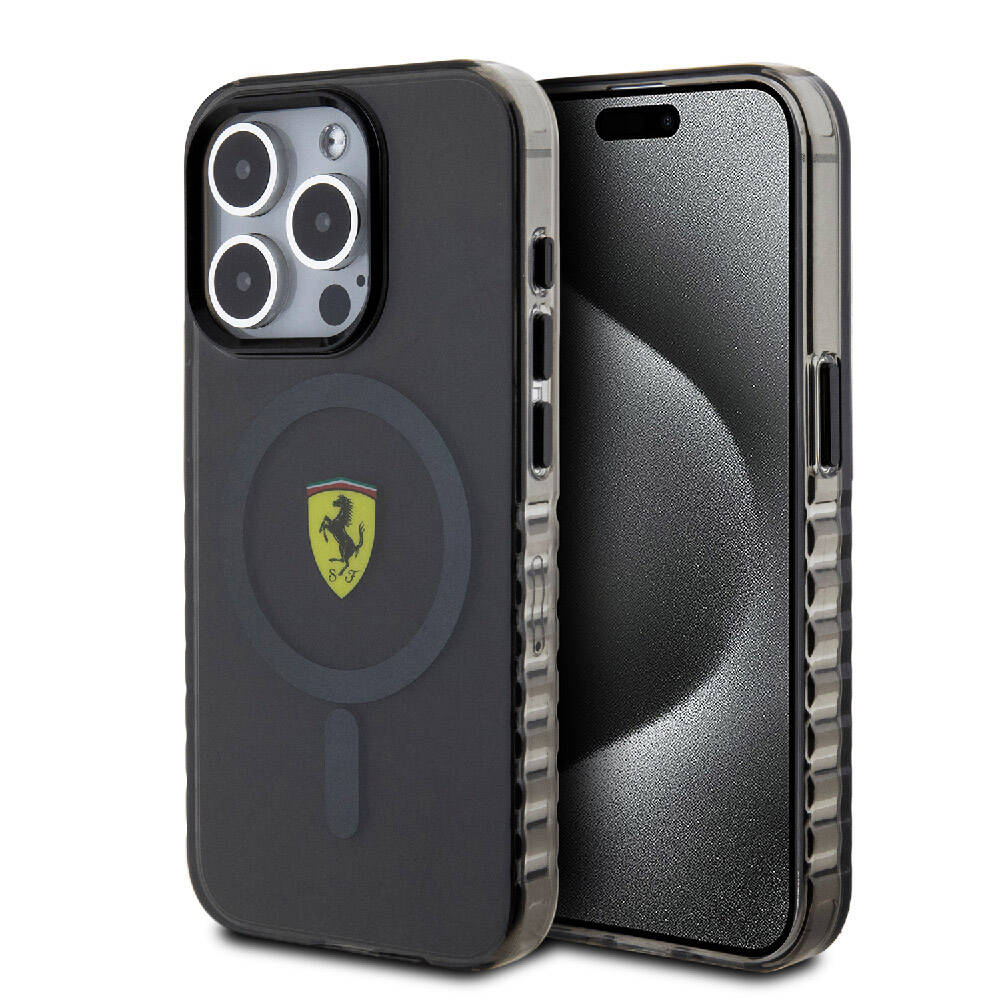 Apple iPhone 15 Pro Max Kılıf Ferrari Orjinal Lisanslı M-safe Şarj Özellikli Tırtıklı Kenar Tasarımlı Ortalanmış Logo Kapak