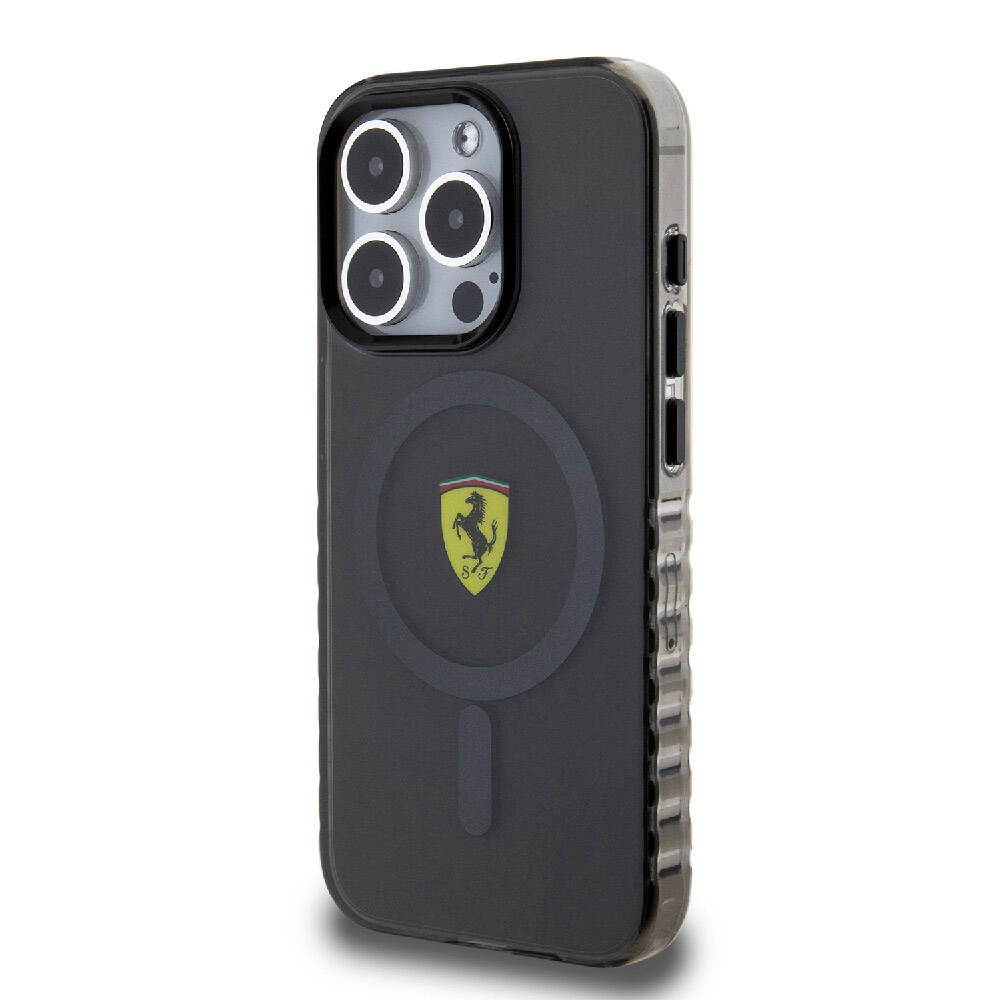 Apple iPhone 15 Pro Max Kılıf Ferrari Orjinal Lisanslı M-safe Şarj Özellikli Tırtıklı Kenar Tasarımlı Ortalanmış Logo Kapak