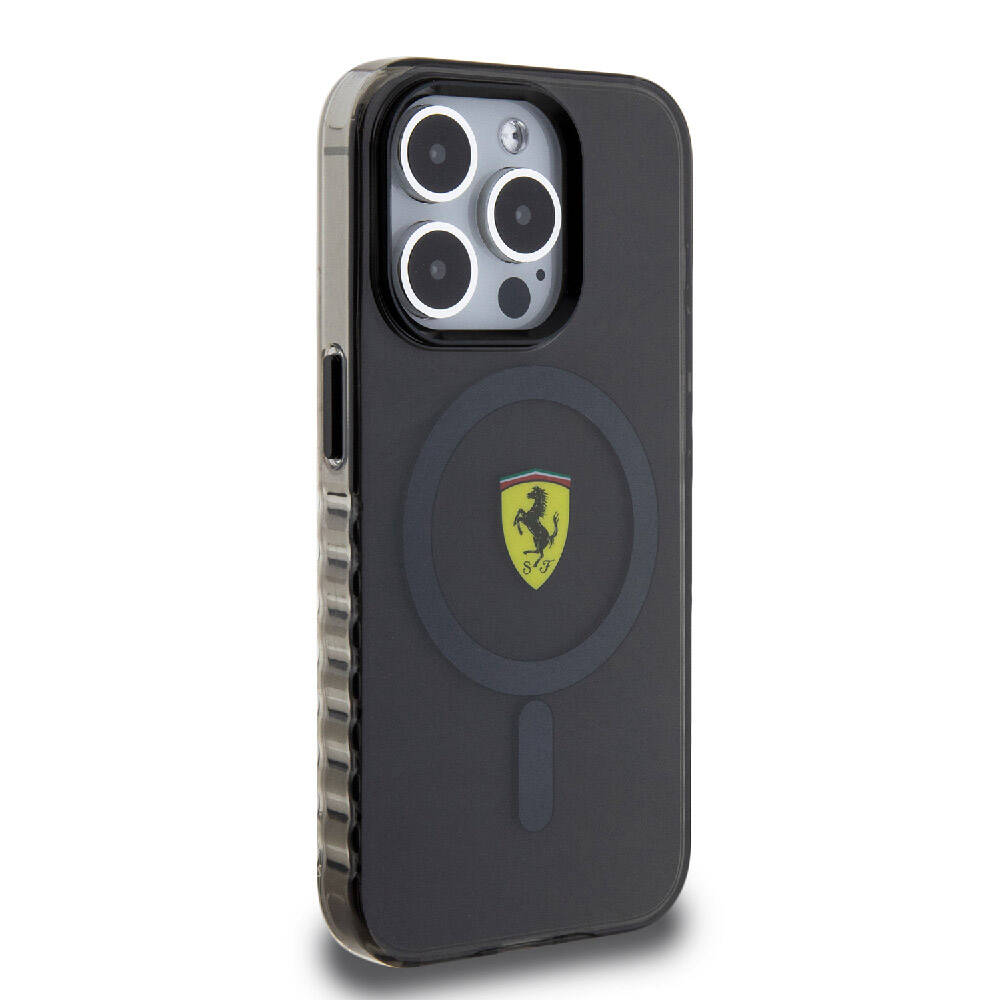 Apple iPhone 15 Pro Max Kılıf Ferrari Orjinal Lisanslı M-safe Şarj Özellikli Tırtıklı Kenar Tasarımlı Ortalanmış Logo Kapak