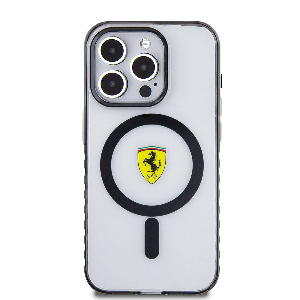 Apple iPhone 15 Pro Max Kılıf Ferrari Orjinal Lisanslı M-safe Şarj Özellikli Tırtıklı Kenar Tasarımlı Ortalanmış Logo Kapak